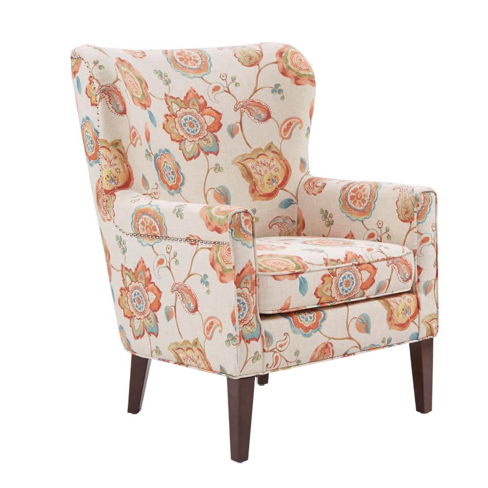 Floral Cream Wingback Accent Chair with Wood Legs