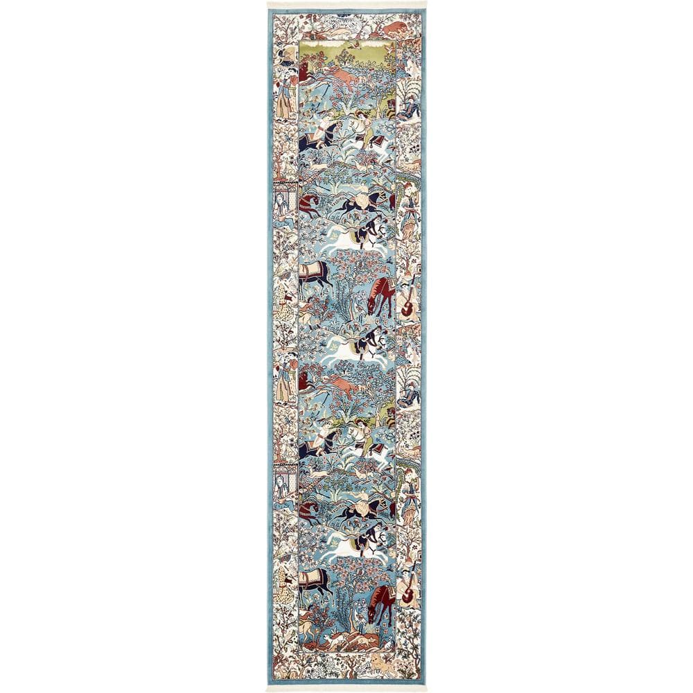 Blue and Tan Floral Synthetic Indoor Runner Rug