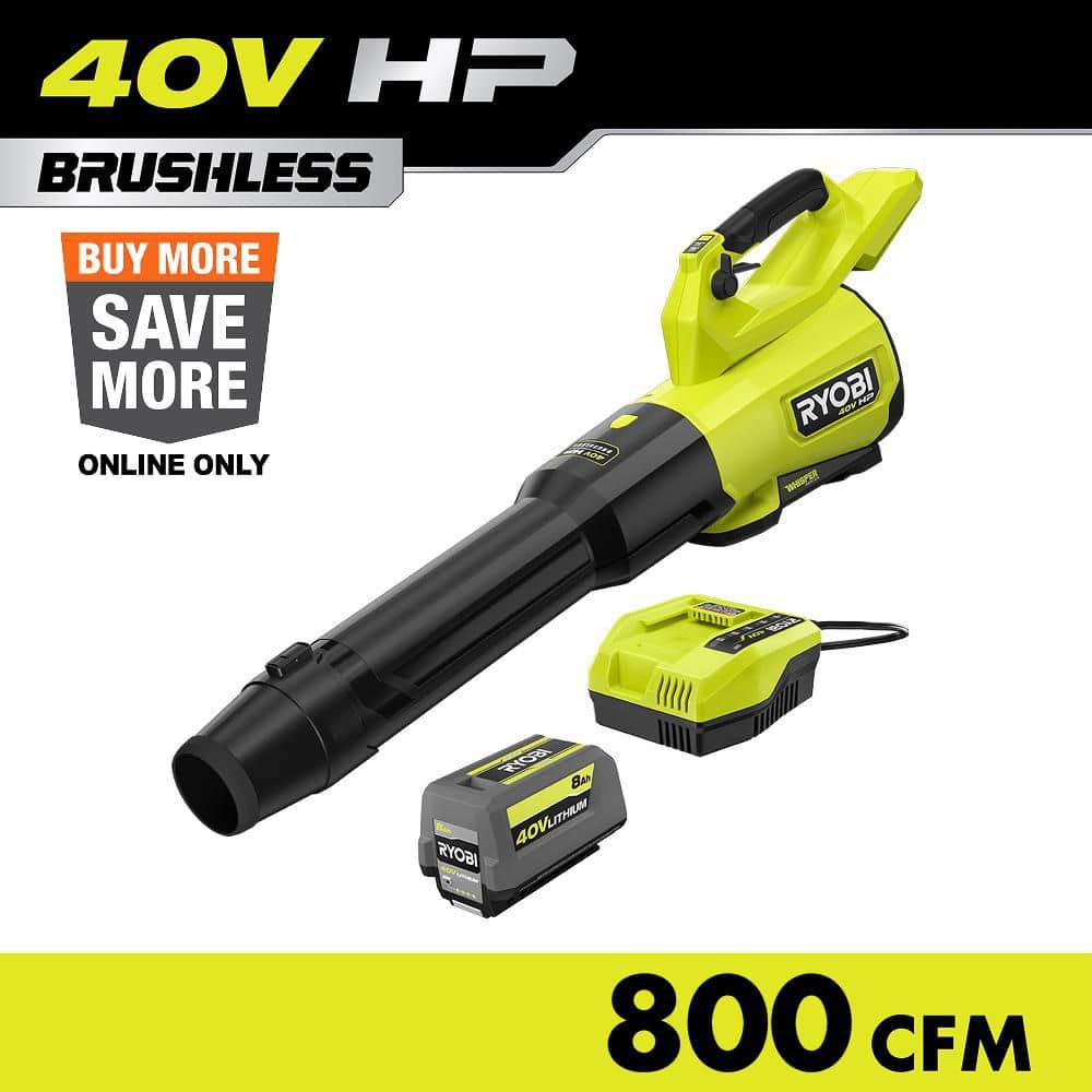 RYOBI 40V HP Brushless Whisper Series 180 MPH 800 CFM Cordless Battery Leaf Blower with 8.0 Ah Battery and Charger RY40HPLB01K