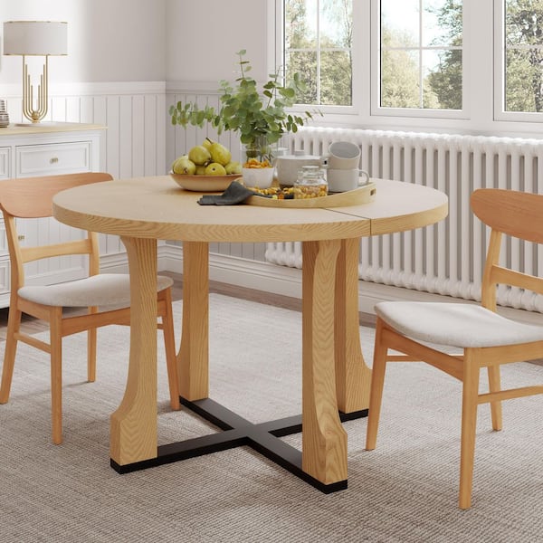 CHRISTOPHER KNIGHT HOME Prairie Modern Natural Oak Solid Wood Plus MDF Round Trestle Dining Table, 4 Seats