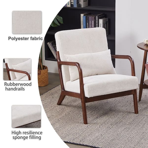 28.74 in. Beige Fabric Arm Chair with Pillow, Solid Rubberwood Frame for Living Room Bedroom