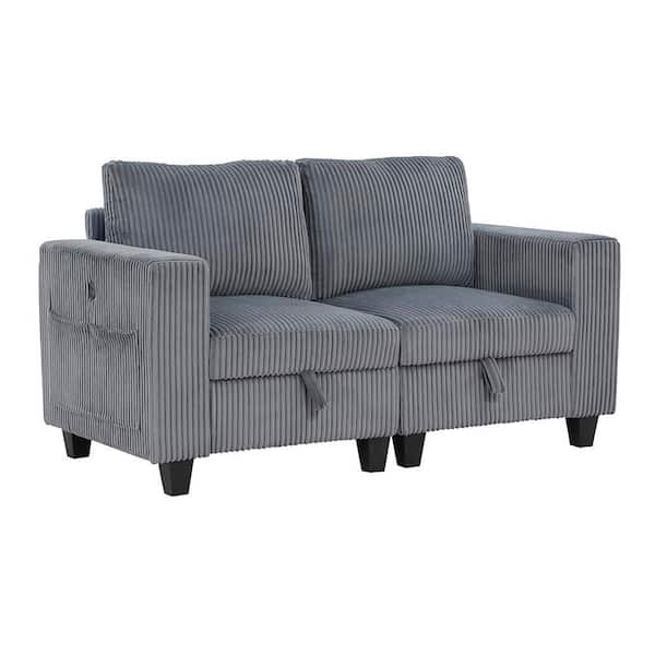Kieran 64 in. W Dark Gray Corduroy Fabric 2-Seater Loveseat with Storage, Storage Pouches and Charging Ports