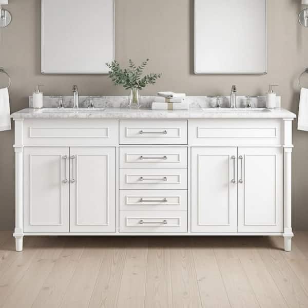 Aberdeen 72 in. Double Sink Freestanding White Bath Vanity with Carrara Marble Top (Assembled)