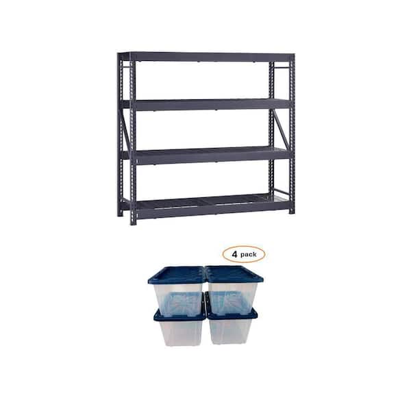 4-Shelf Metal Garage Shelving Unit (77 in. x 72 in. x 24 in.) and 27 Gal. Storage Tote with Lid (4-Pack)