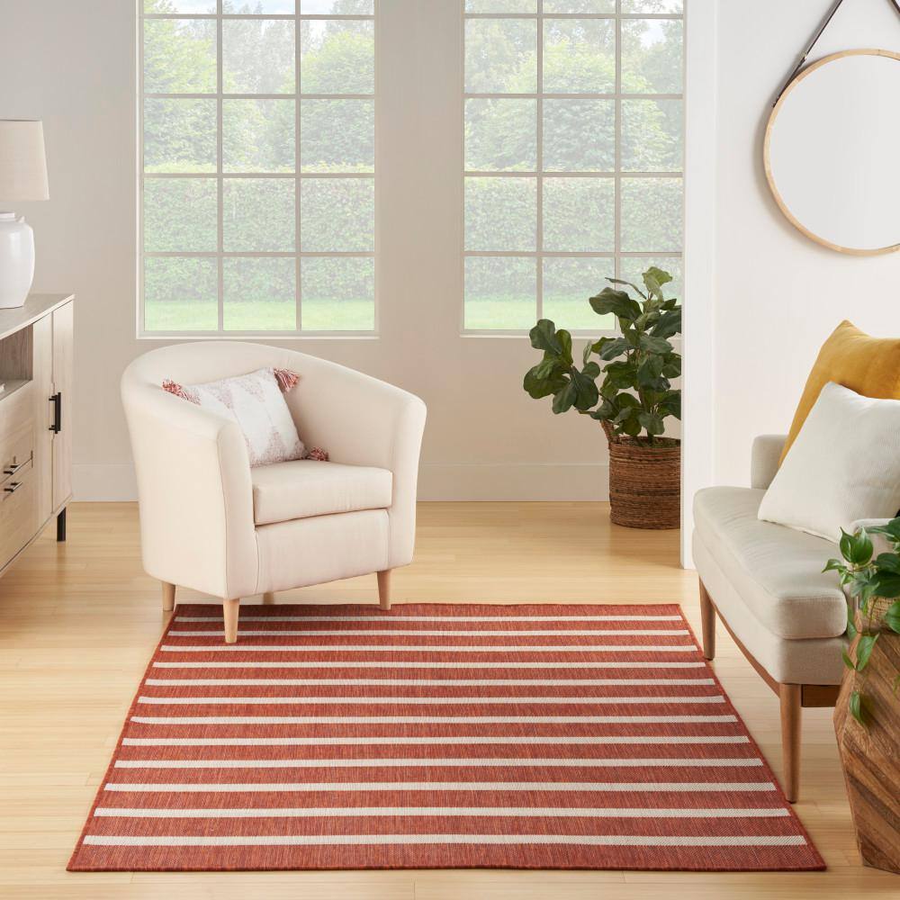 Terracotta Ivory Striped Flat Woven Outdoor Rug 6' x 9'