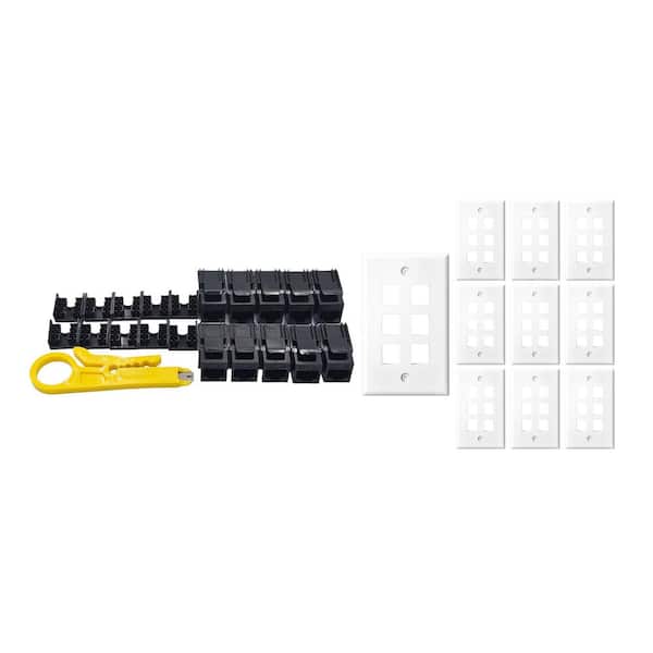 10-Pack 1-Gang White Keystone Plastic Wall Plates 6-Port and 10 Cat 6A RJ45 Keystone Jacks Black