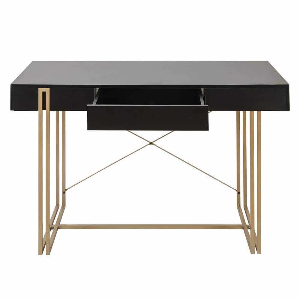 Modern Black Wood Desk with Gold Legs and Drawer