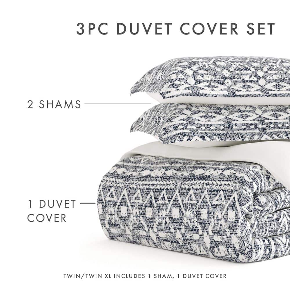 Navy and White Geometric Microfiber Twin XL Duvet Cover Set