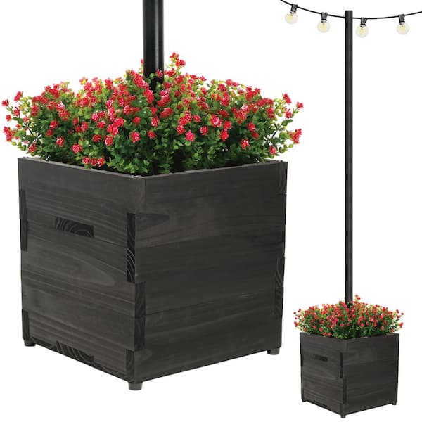 Extra Large 18 in. Black Wooden Planter Box with String Light Pole Sleeve