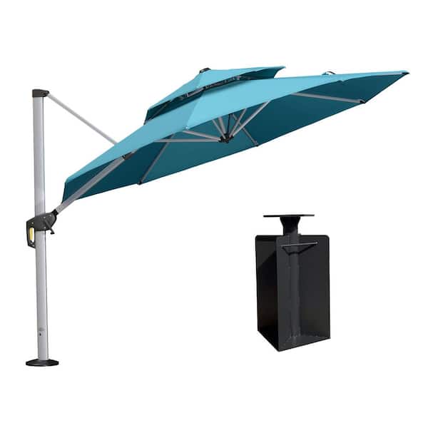 PURPLE LEAF 10 ft. Octagon High-Quality Aluminum Cantilever Polyester Outdoor Patio Umbrella with Base in Ground, Turquoise Blue