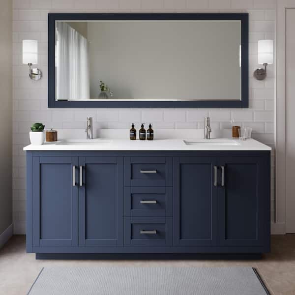 Wyndham Collection Miranda 72 in. W Double Bath Vanity in Dark Blue with Cultured Marble Vanity Top in White with White Basins and Mirror