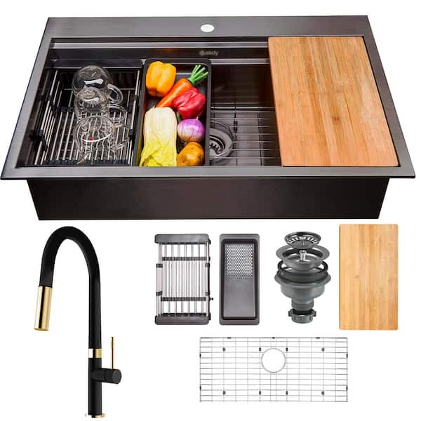 AKDY Gunmetal Matte Black Stainless Steel 33 in. x 22 in. Single Bowl Drop-In Workstation Kitchen Sink with Faucet
