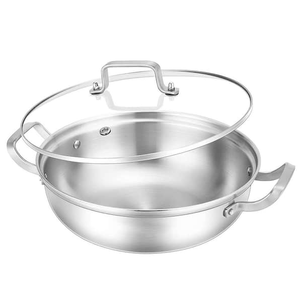 Tri-Ply Stainless Steel 13 in. Silver Deep Saute Pan Glass Lid Fast Heating Induction Compatible Kitchen Pot 1 Piece