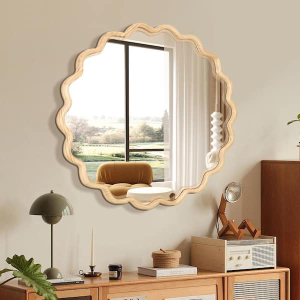 42 in. W x 42 in. H Round Framed Floating Wall Bathroom Vanity Mirror in Natural Solid Wood