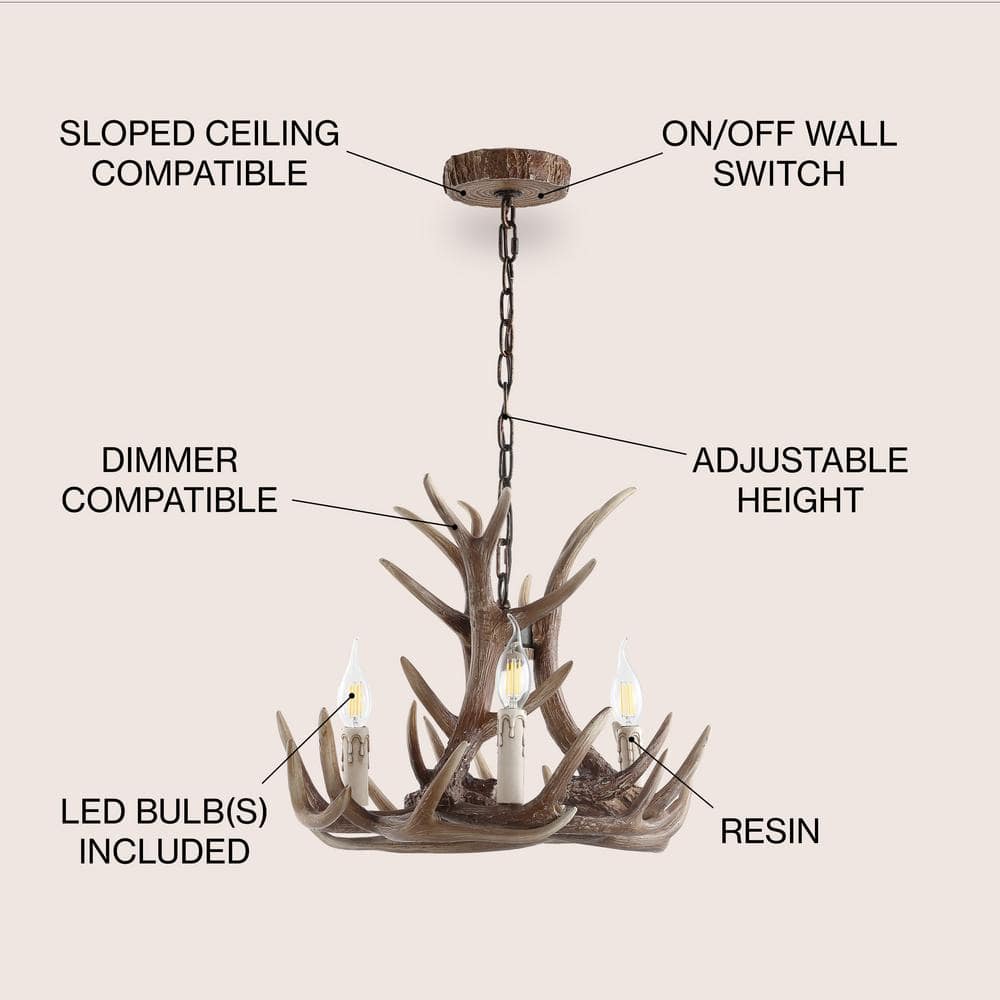 Eldora 18" Brown Resin Antler 3-Light Chandelier