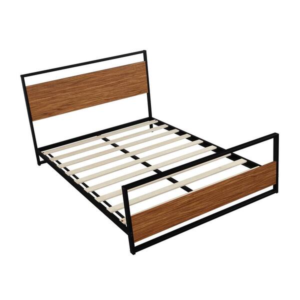 Qualfurn Brown Full Size Metal Platform Bed with Wooden Headboard and Footboard