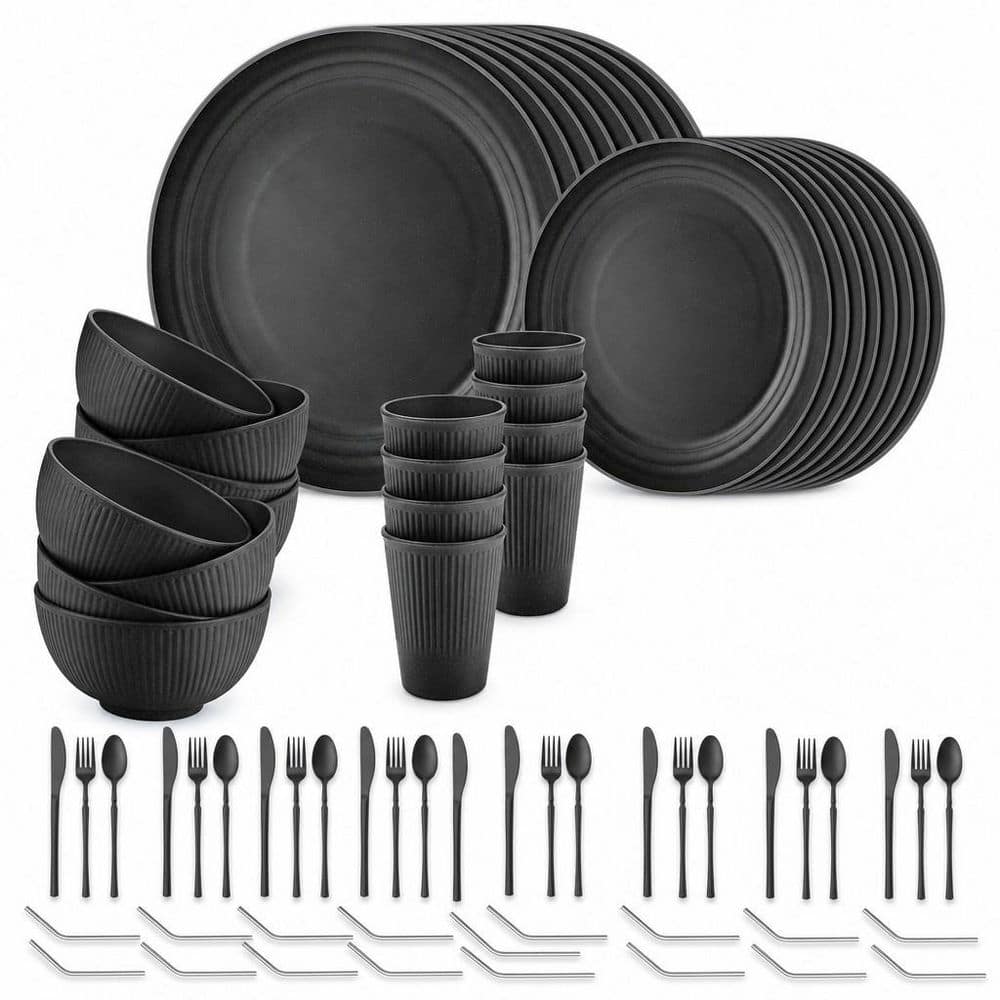 Numhew 64-Piece Black Wheat Straw Dinnerware Set Service for 8