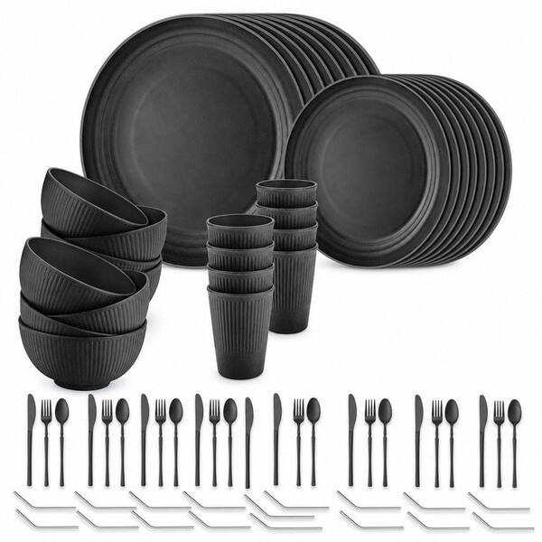 64-Piece Black Wheat Straw Dinnerware Set Service for 8, Unbreakable, Reusable, Microwave and Dishwasher Safe