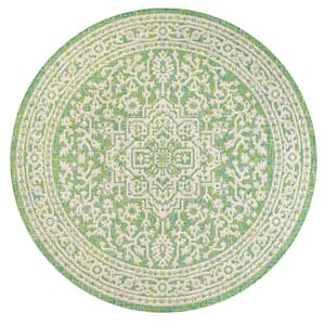Sinjuri Medallion Textured Weave Cream/Green 5 ft. Round Indoor/Outdoor Area Rug