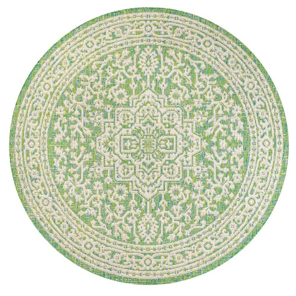 Cream/Green 5 ft. Round Sinjuri Medallion Textured Weave Indoor/Outdoor Area Rug