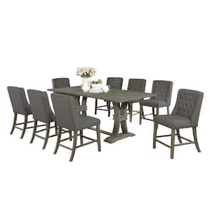 Fabiola 9-Piece Seating Rectangular Wood Top Rustic Finish Dining Table Set Gray Linen Fabric Chairs