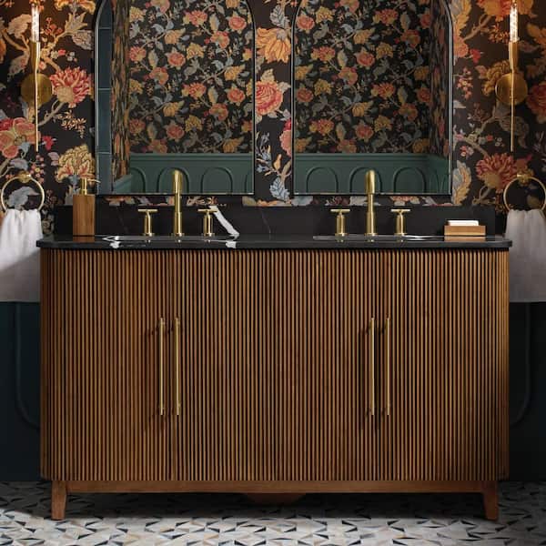 Goldney 60 in. Double Sinks Spiced Walnut Bath Vanity With Quartz Marquina Marble Top (Assembled)