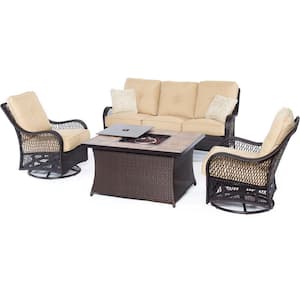 Orleans Brown 4-Piece All-Weather Wicker Patio Fire Pit Seating Set with Sahara Sand Cushions