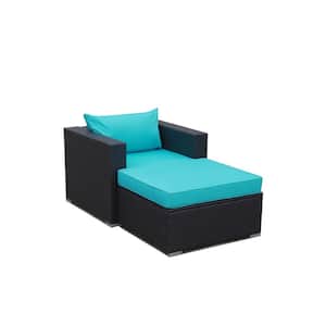 Dark Brown 2-Piece PE Wicker Patio Conversation Set with Blue Cushions, All-Weather Outdoor Sectional Sofa with Ottoman