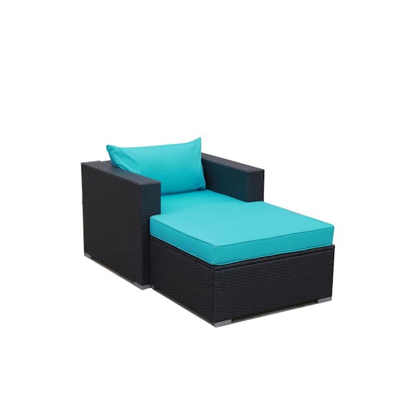 Unbranded Dark Brown 2-Piece PE Wicker Patio Conversation Set with Blue Cushions, All-Weather Outdoor Sectional Sofa with Ottoman
