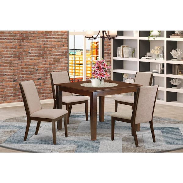 East West Furniture 5-Piece Mahogany Finish Solid Wood Top - Upholstered Dining Room Set with High Back - Seats 4