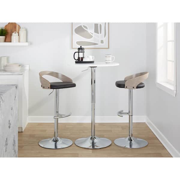 Lumisource Grotto 32.25 in. Black Faux Leather, Light Grey Wood and Chrome Metal Adjustable Bar Stool (Set of 2)