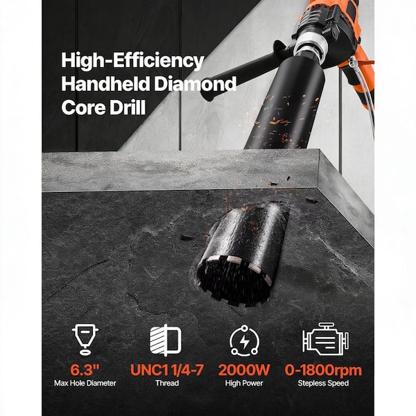 Diamond Core Drilling Machine, 0.8-6.3 in Drilling Range, Handheld Wet and Dry Concrete Drill with 4 Bits