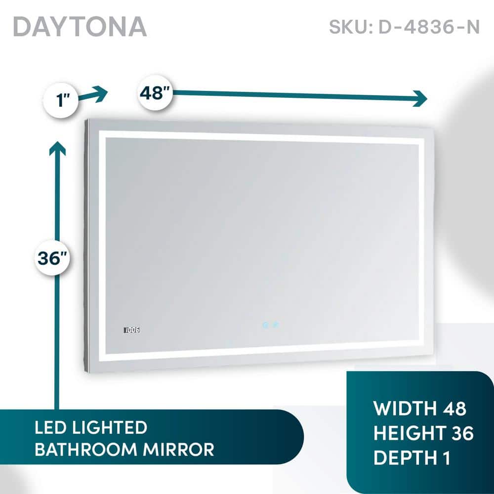 Daytona 48" Rectangular LED Lighted Silver Bathroom Mirror with Digital Clock