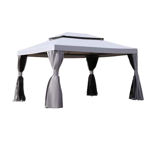 Outdoor Grey 10 ft. x 13 ft. Straight Leg Patio Canopy Gazebo with Mosquito Netting and Curtains for Garden Lawns