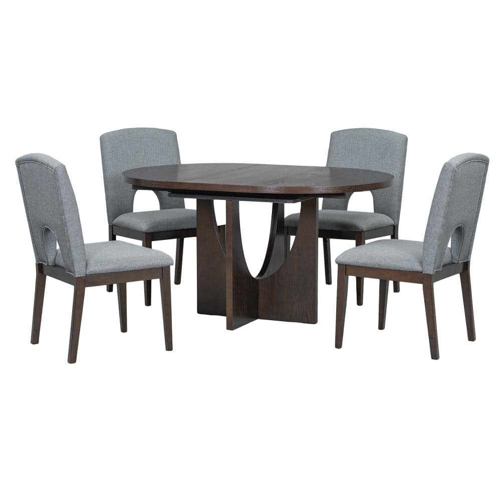 5 Piece Round Espresso Wood Top Dining Table Set with Removable Leaf Seats 4 durable construction