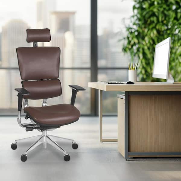 Leather Ergonomic Executive Office Chair in Brown with Adjustable Arms