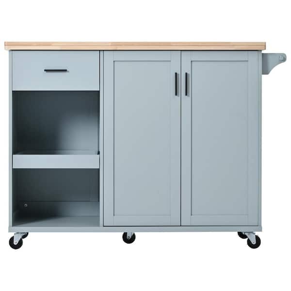 tunuo Gray Blue Wood 47.2 in. Kitchen Island with Foldable Counter Top, Slide-Out Shelf, Towel Rack and Drawer
