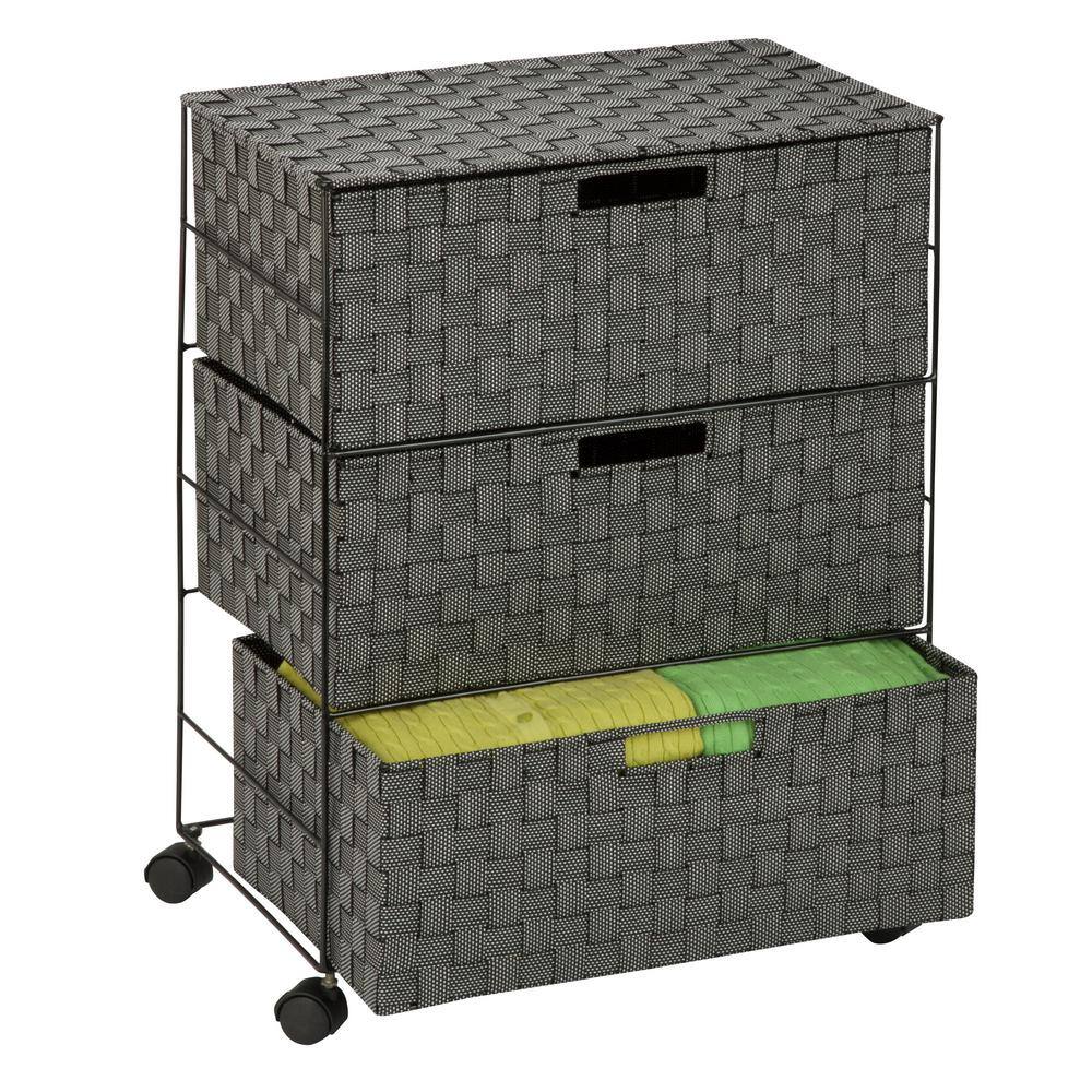 Black and White Woven 3-Drawer Rolling Storage Chest