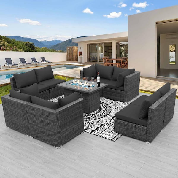 Gray 9 Piece Wicker Patio Conversation Set Deep Sectional Seating Set with Charcoal Cushions and Fire Pit Table