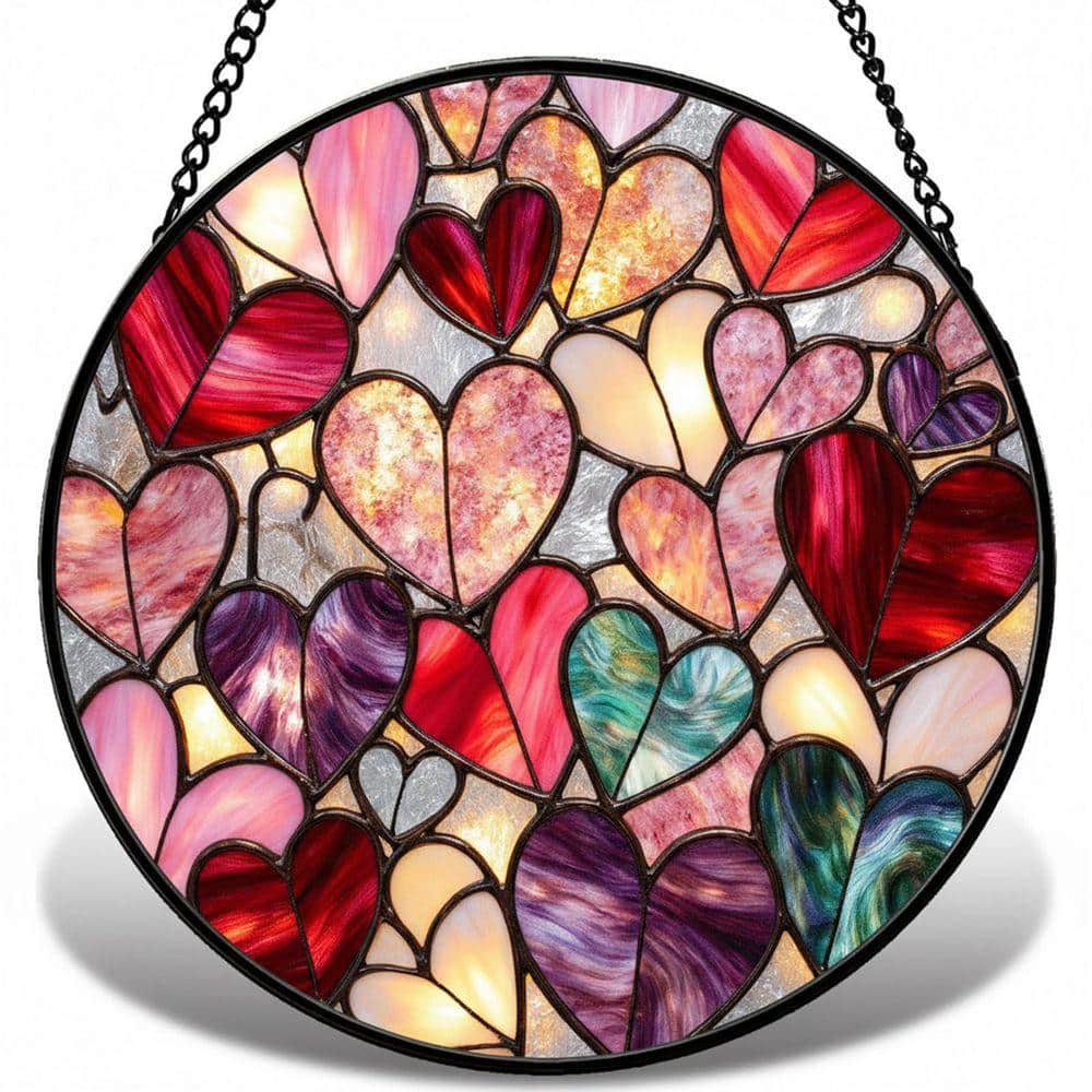 6.3 in. Pink Love Heart Stained Glass Window Panel WK2591 - The