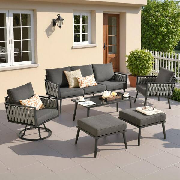 Velora 6-Piece Patio Conversation Braided Sofa Swivel Rocking Chair Set with Ottomans and Black Cushions