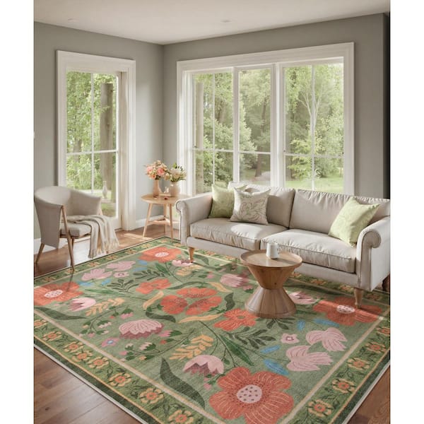 Lahome Cottagecore Floral Washable Non-Slip Green 8 ft. x 10 ft