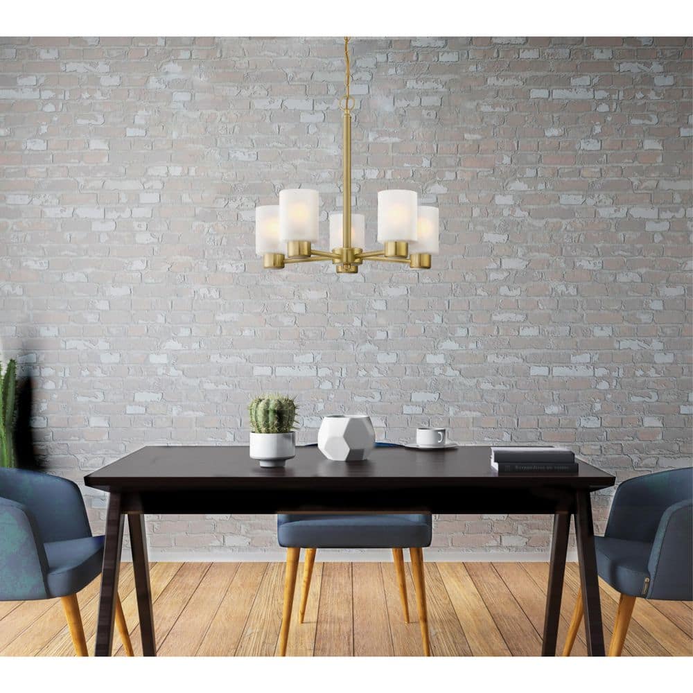 Champagne Brass 5-Light Chandelier with Frosted Glass Shades