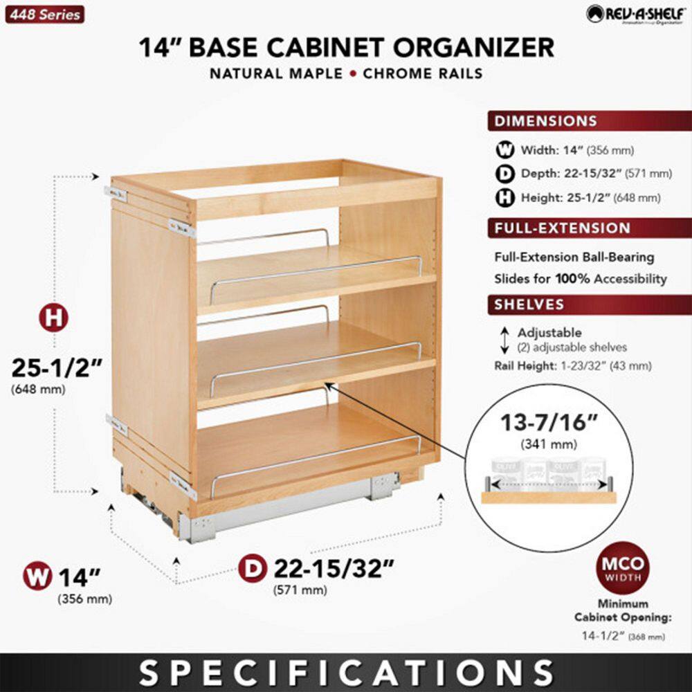 Natural Maple 14-Inch Pullout Kitchen Cabinet Organizer with Adjustable Shelves