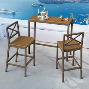 3-Piece 45 in. Brown Outdoor Dining Table Set Aluminum Bar Set HDPS Top With Bar Chairs Armless for Balcony