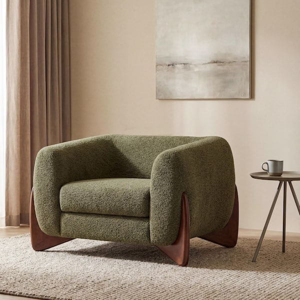 Olive Green Boucle Fabric Stylish Arm Chair Club Chair with Walnut Solid Birch Wood Legs
