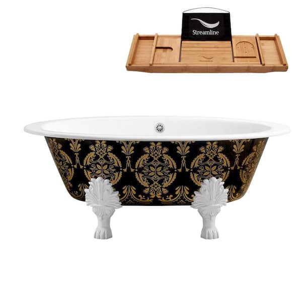 Streamline 65 in. Cast Iron Clawfoot Non-Whirlpool Bathtub in Glossy Green with Glossy White Drain and Glossy White Clawfeet