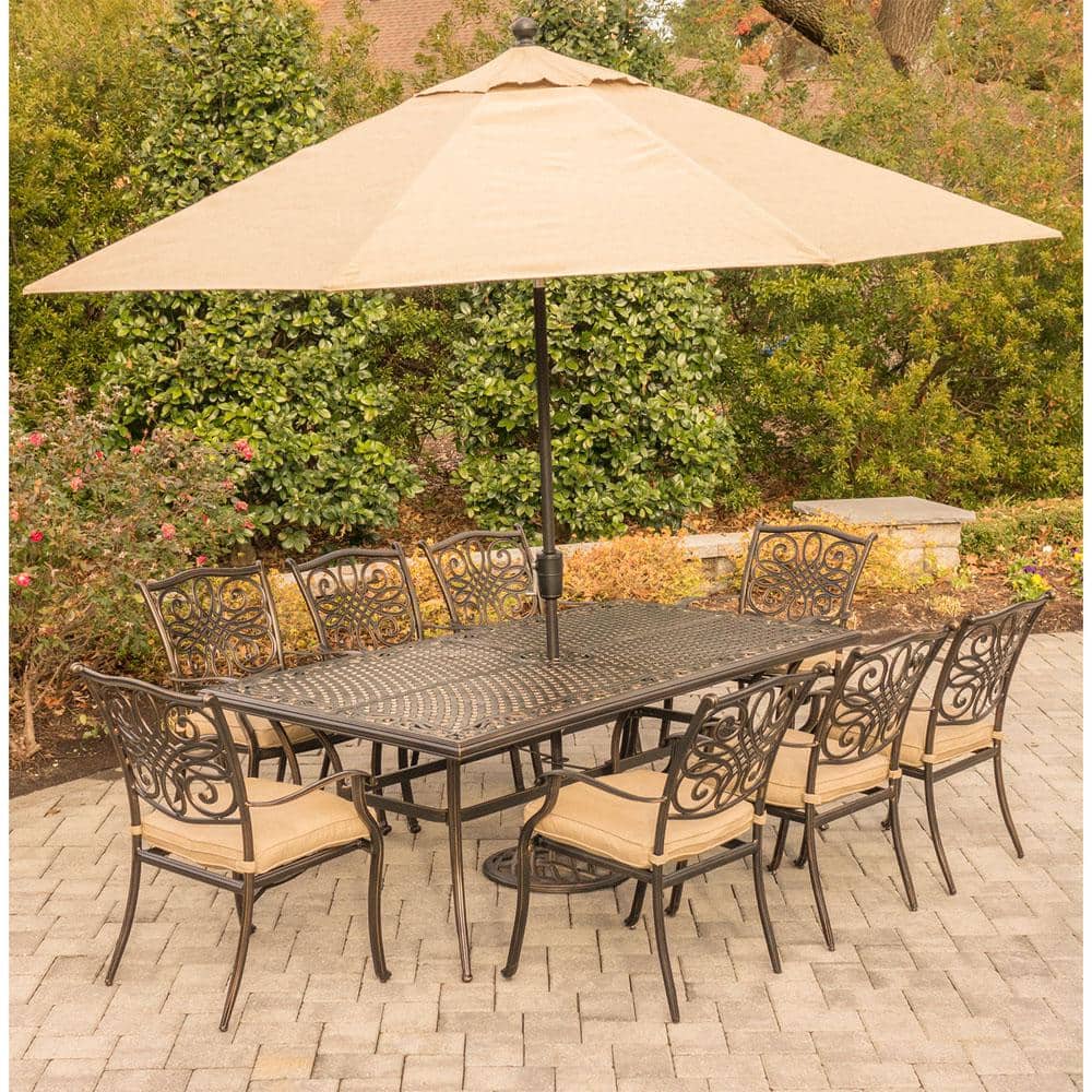 Hanover Traditions 9-Piece Tan Cushioned Aluminum Outdoor Dining Set with Umbrella