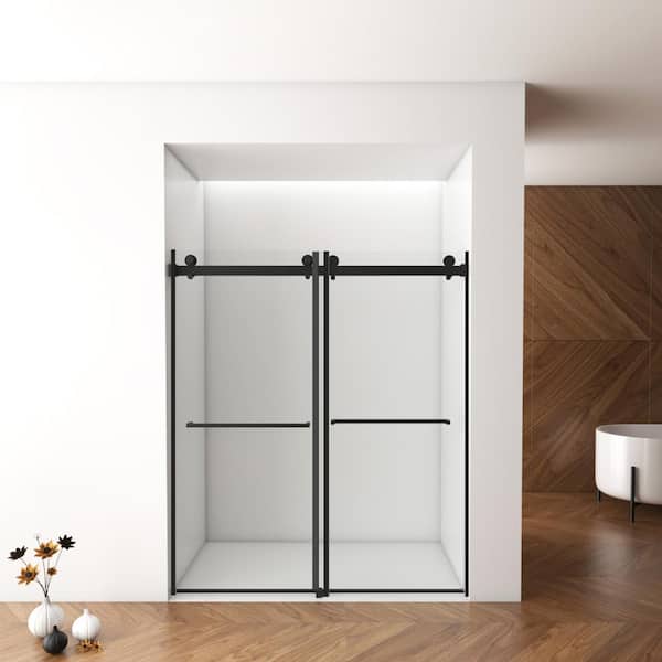 ANGELES HOME 56-60 in. W x 76 in. H Double Sliding Frameless Shower Door in Matte Black Finish with Clear Glass and Buffer