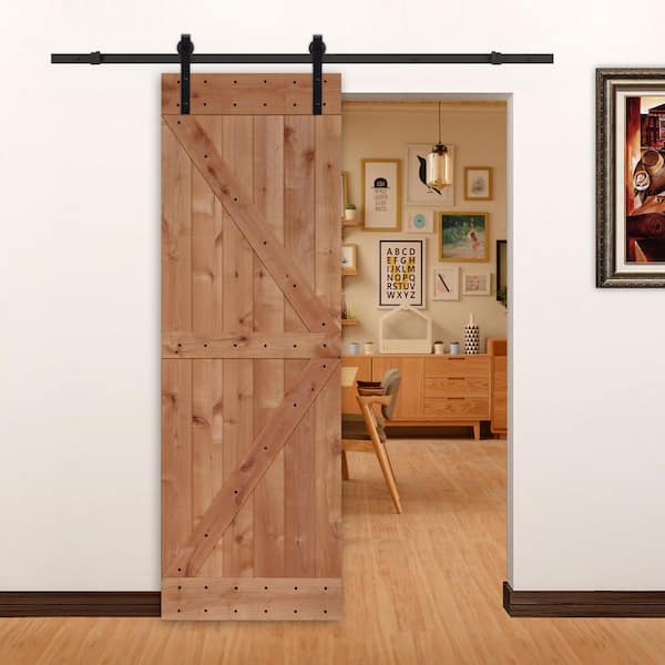 28 in. x 84 in. Ready-to-Assemble British Brace Hardwood Interior Barn Door Slab with Sliding Door Hardware Kit
